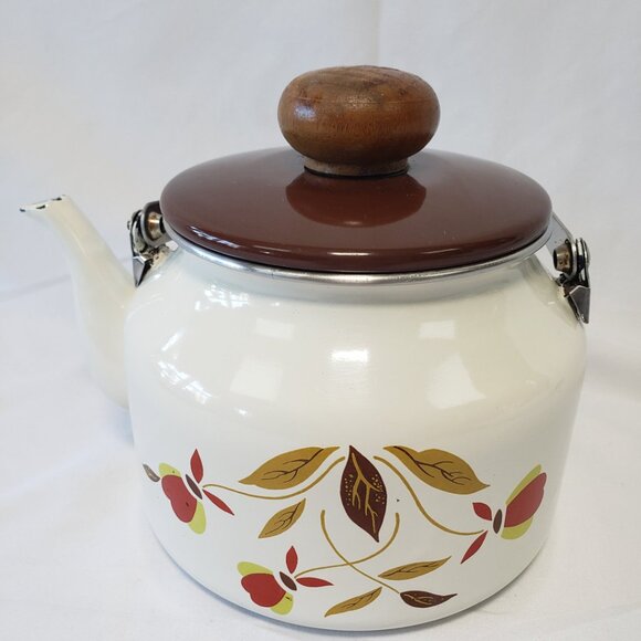 Hall Enamelware Autumn Leaf Teapot Jewel Tea Pot Enamel Metal Kettle Round Wood - Picture 4 of 16
